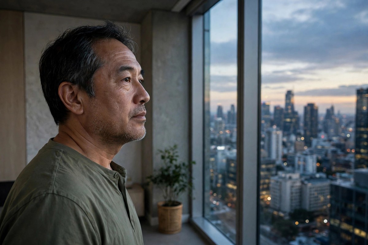 Photorealistic photo of a man looking at a city skyline from a high-rise window, thinking about the assets behind the wealth gap