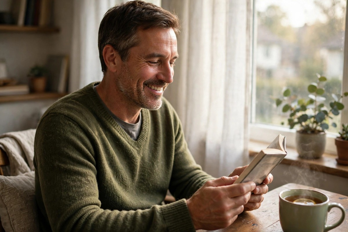 Photorealistic photo description of a different man finishing a slim book in one sitting by a window, matches a one-day-reads title, no women