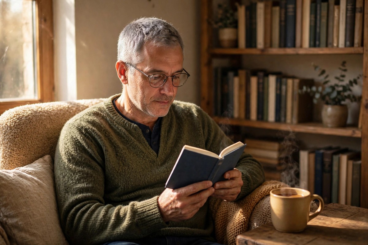 Ultra photorealistic real photograph, natural warm window light, candid and believable, a middle-aged man with short gray hair and glasses sitting in a cozy armchair reading a slim small book, a warm cup beside him, quiet home library corner, no text anywhere in the image, no women, bold clear subject, Google Discover friendly editorial photo