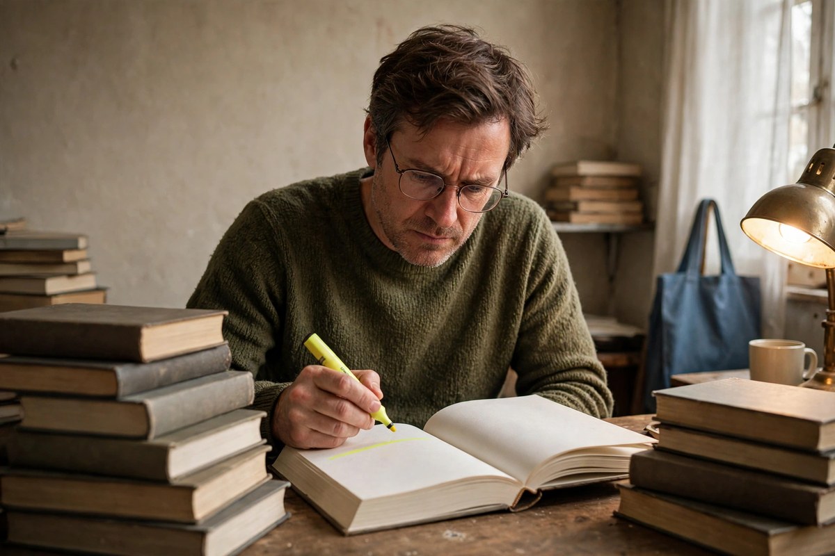 Photorealistic photo of a quiet man reading a plain old book at a wooden desk in warm light, illustrating boring books that make readers wealthy
