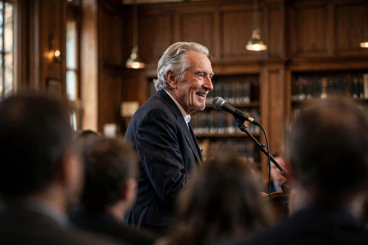 Photorealistic photo of a distinguished older gentleman in a modest suit speaking warmly into a microphone on a small stage, showing how to speak intelligently the Warren Buffett way