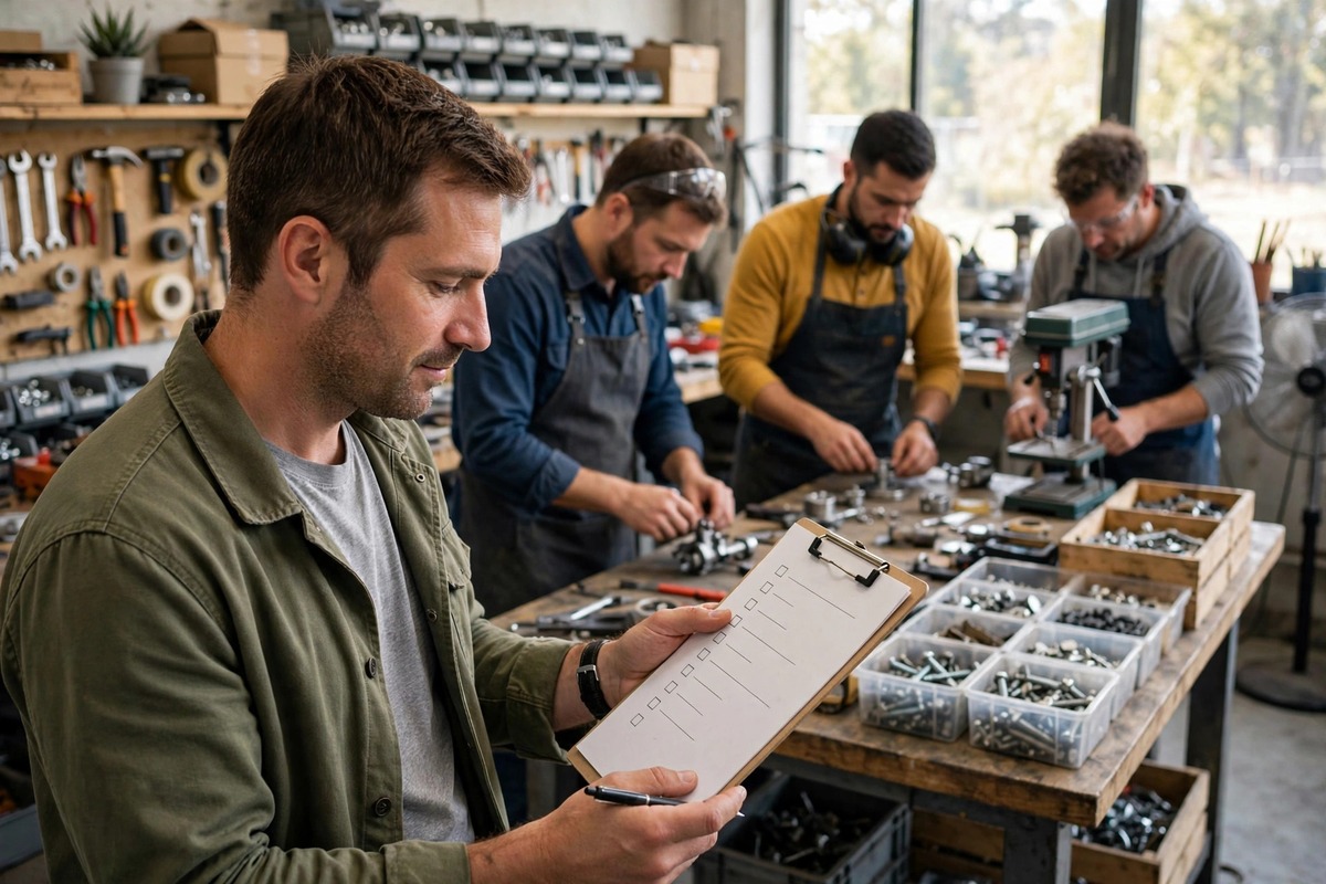 A relaxed business owner checking a checklist while his small team works in a tidy workshop, showing how to build a business that runs itself