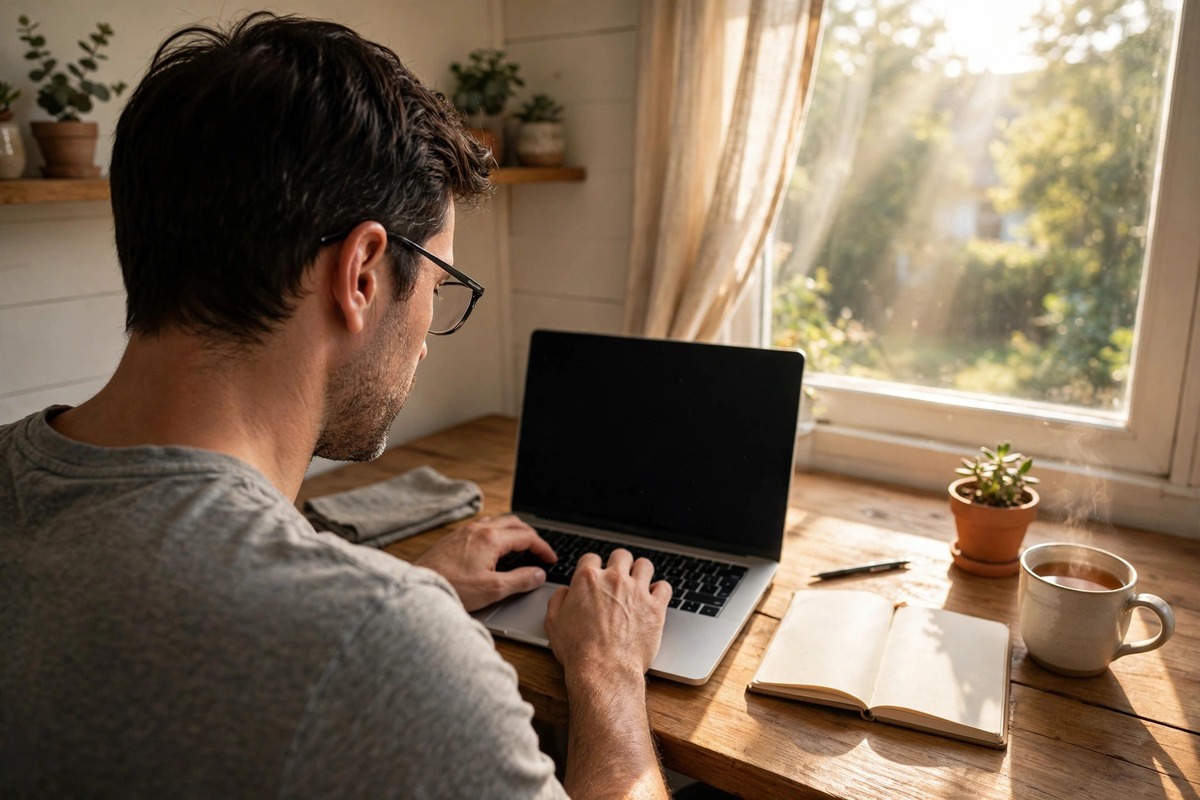 A freelance designer typing emails on a laptop in a sunny home office, using simple cold email tips to win new clients.