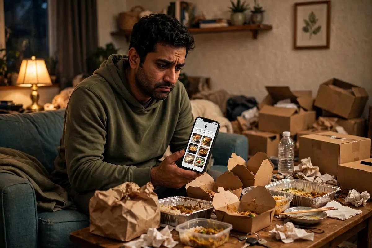 Photorealistic photo of a young man cooking a simple healthy meal at home in a bright modern kitchen, choosing small daily habits that beat the comforts that block wealth building