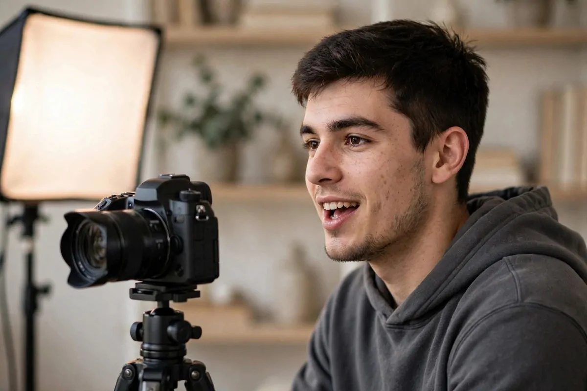 Young man filming a video on a tripod in a bright home studio, one of the best content types to create