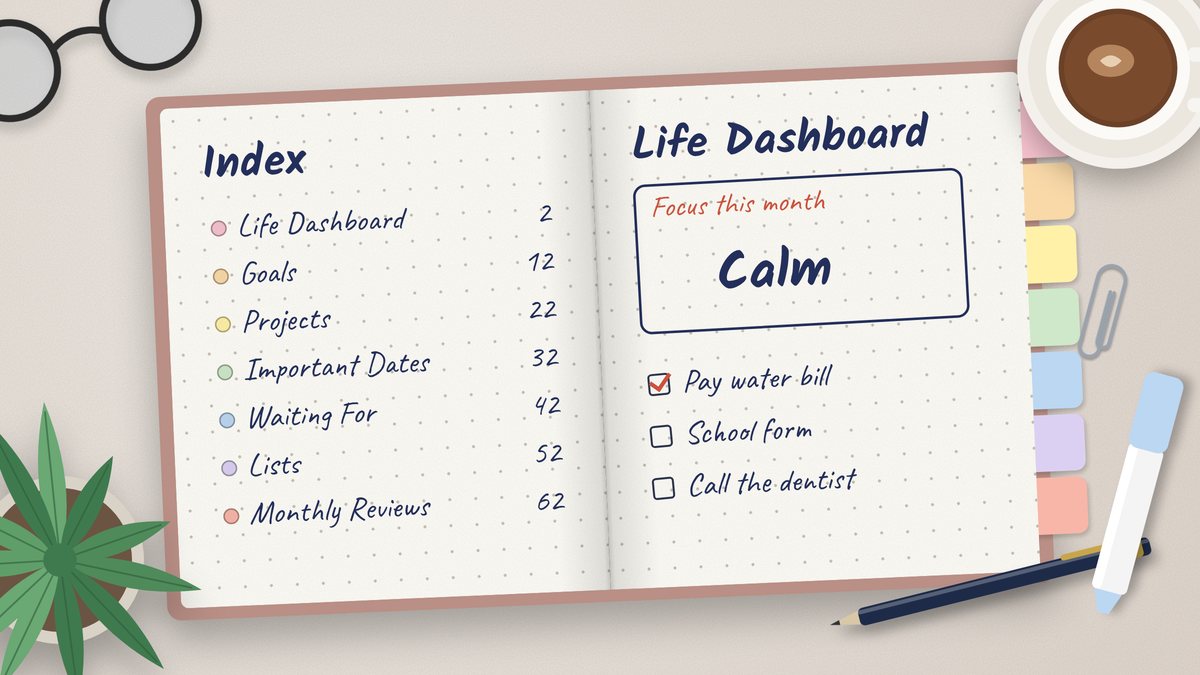 Open life notebook with colored section tabs showing a handwritten index page and a Life Dashboard page with a monthly focus and a short checklist