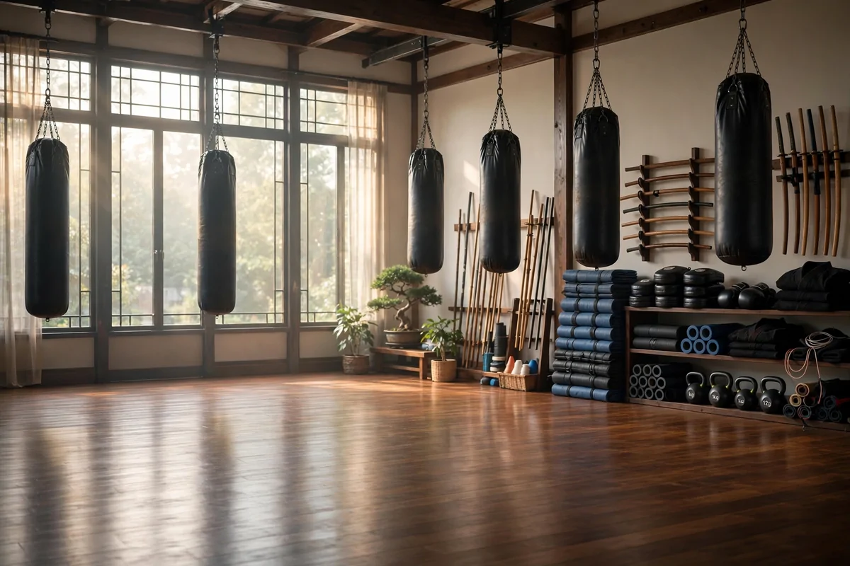 Martial arts training hall with wooden floor and equipment