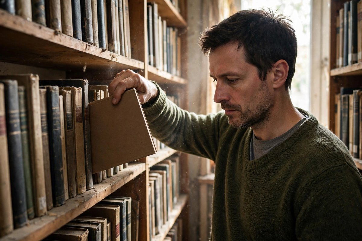 Photorealistic photo of a thoughtful man pulling a money book off a dusty library shelf, showing financial literacy books broke people never open