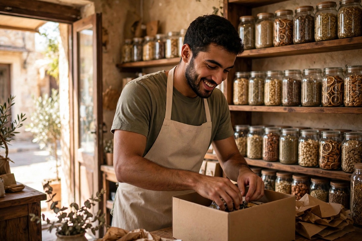 Cheerful young shop owner packing a box at his counter, showing how to get your first 1000 customers in a cozy small shop