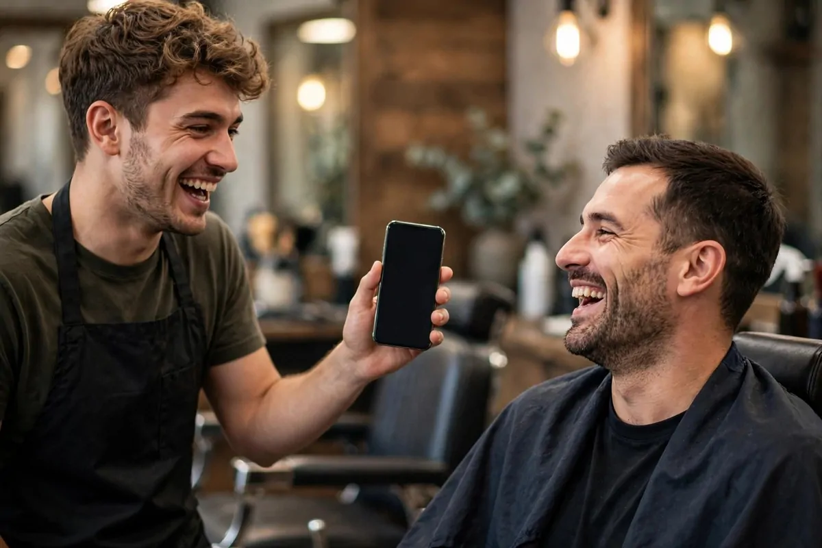Friendly barista showing a phone to a smiling cafe customer, a warm way to get more customer reviews