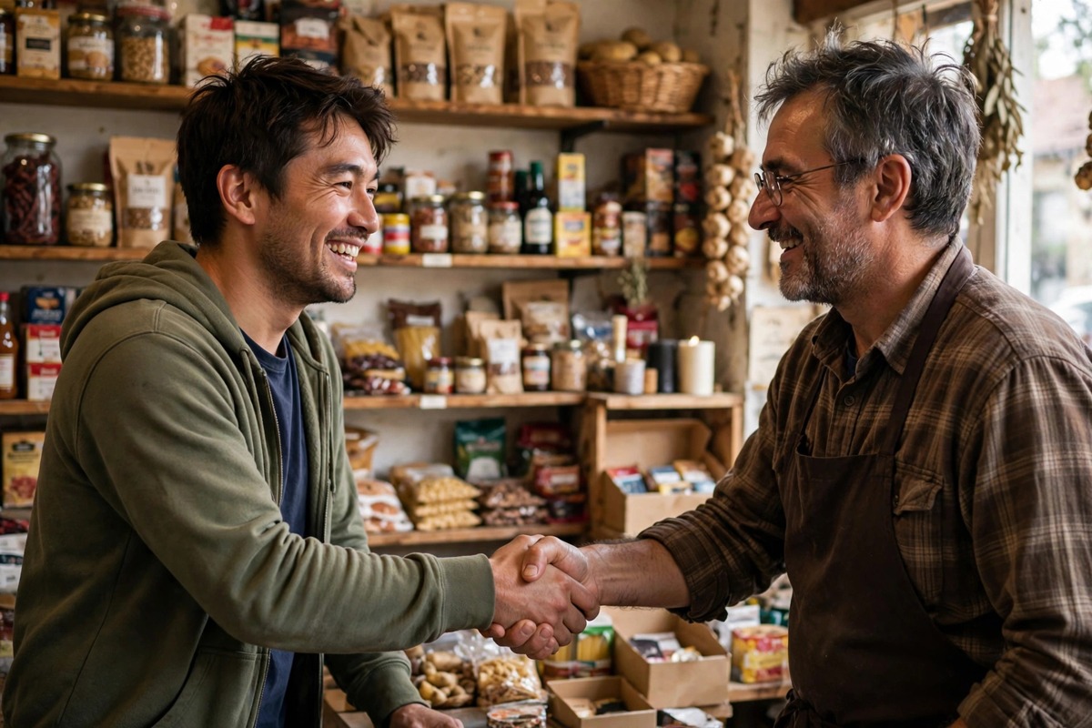 A smiling man shakes hands with a shopkeeper inside a small store, a warm moment that shows how to get your first customer
