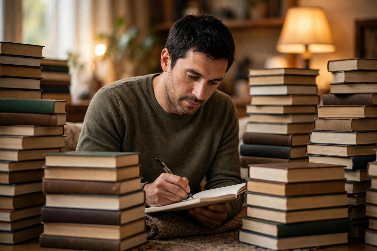 Photorealistic photo of a man taking notes among tall stacks of money books in a home study, showing the habits that build wealth from money books