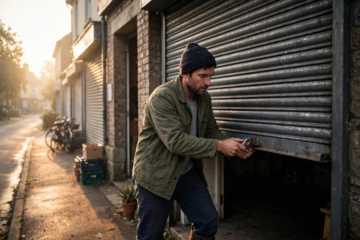 Photorealistic photo of a man opening his small storefront at sunrise, living the habits self made wealthy people mastered