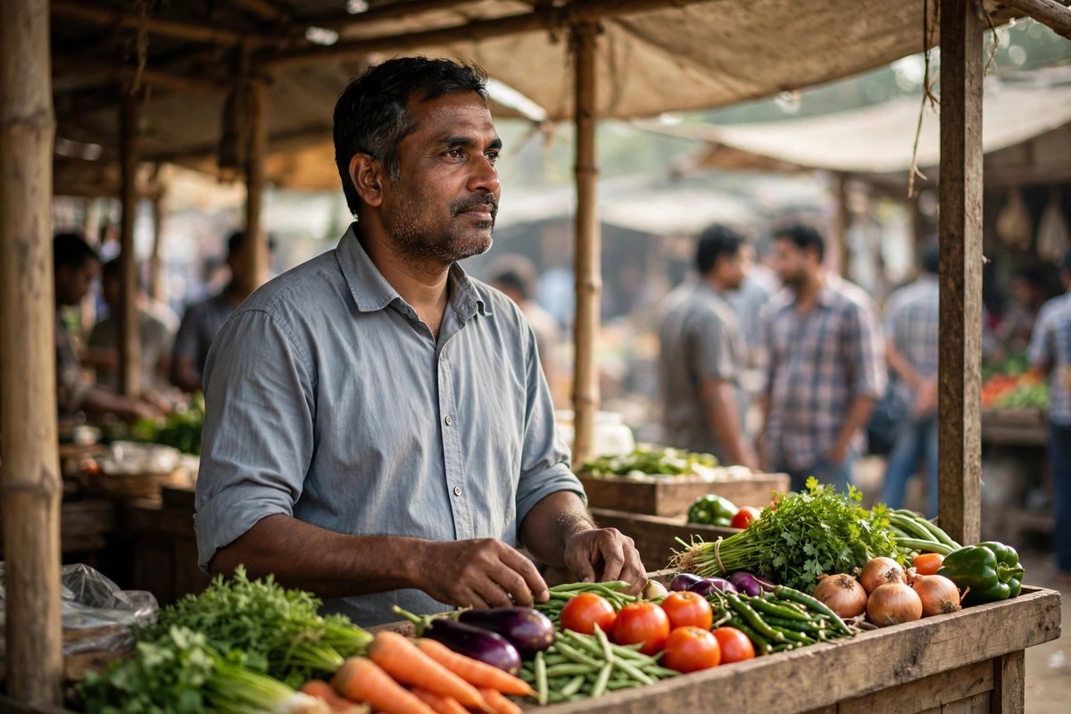 Photorealistic photo of a calm shopkeeper arranging goods at his small market stall, showing habits thrive in any economy
