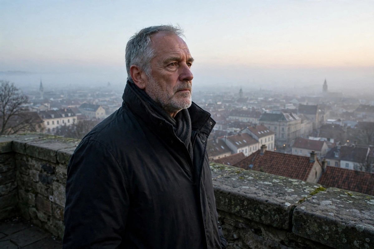 Photorealistic photo of a strong mature man in his fifties with a short grey beard standing thoughtfully at dawn overlooking a quiet city, calm and stoic.