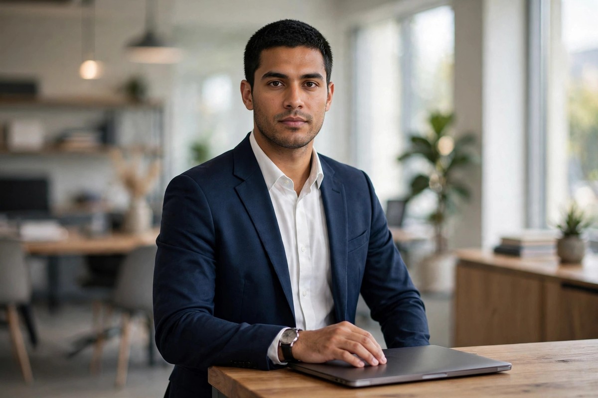 Ultra photorealistic real photograph, natural daylight, candid and believable, no text anywhere in the image, no women or girls. A confident young man in his early thirties with short black hair and a smart navy blazer stands in a bright modern office, one hand resting on a closed laptop on a clean wooden desk, looking toward the camera with a calm focused expression, blurred modern workspace behind him, crisp professional lighting, premium editorial quality, bold clear subject, Google Discover friendly.