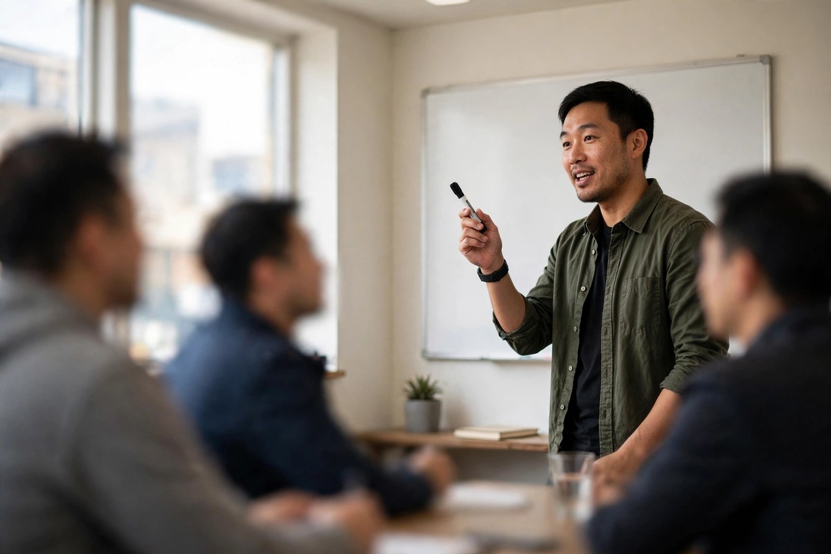 Photorealistic photo of a confident professional speaking up in a meeting, illustrating income-building skills most people never learn