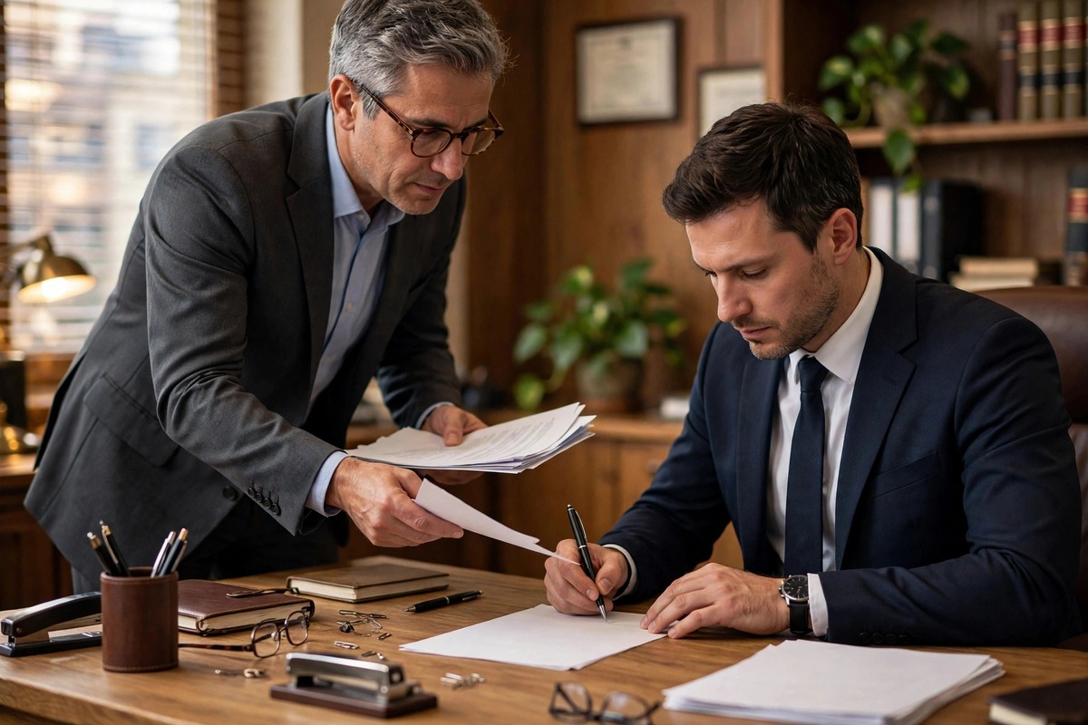 A serious man signing business papers across a desk in a lawyer's office, about legal issues every startup must avoid