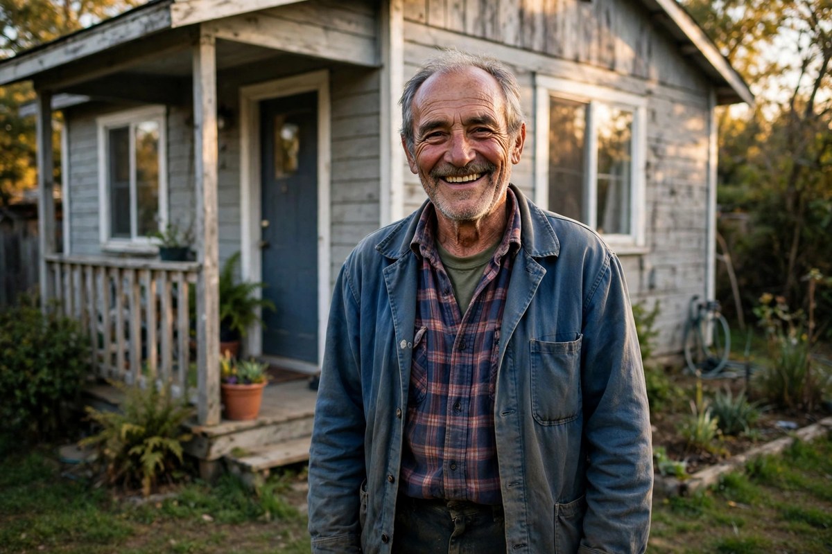 Photorealistic photo of a dignified older man in simple work clothes standing proudly in front of the modest neat house he owns, showing real lessons from people who moved from working class to upper class