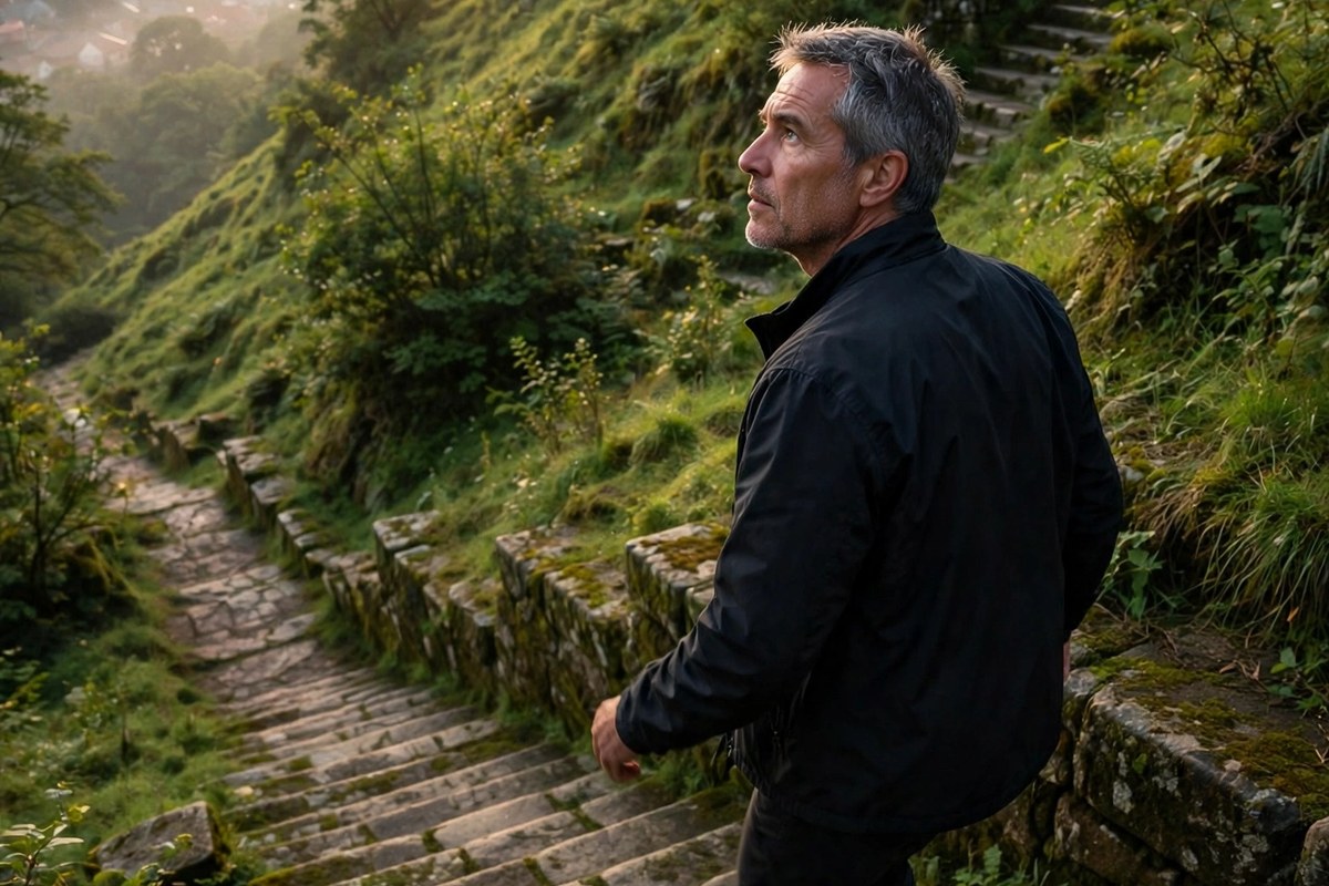 Photorealistic photo of a determined man climbing wide stone steps up a green hill at sunrise, picturing the levels of wealth