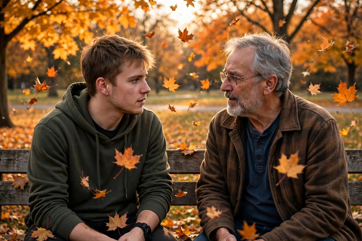 Photorealistic photo of a young man in his twenties learning from an older mentor on a park bench in warm autumn light, showing life lessons men need to learn early