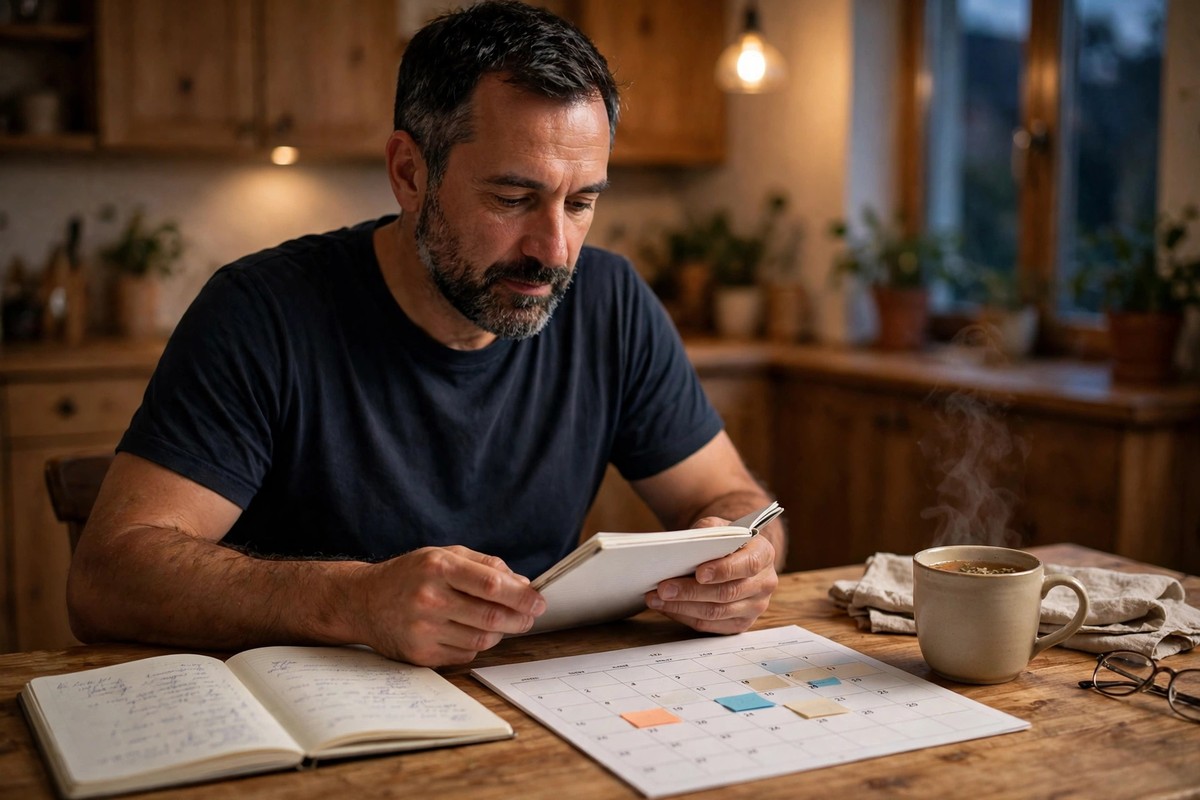 Ultra photorealistic real photograph, natural light, candid, believable, no text in the image: a calm middle-aged man with a short beard, wearing a plain dark shirt, sitting at a wooden kitchen table on a Sunday evening reviewing a paper notebook and a bill calendar with a cup of tea beside him, warm home light, relaxed and focused expression, Google Discover friendly bold clear subject