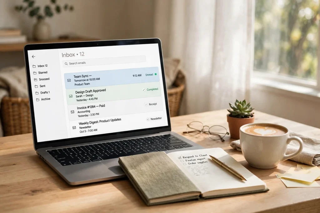 Tidy desk with a laptop showing a clean organized email inbox