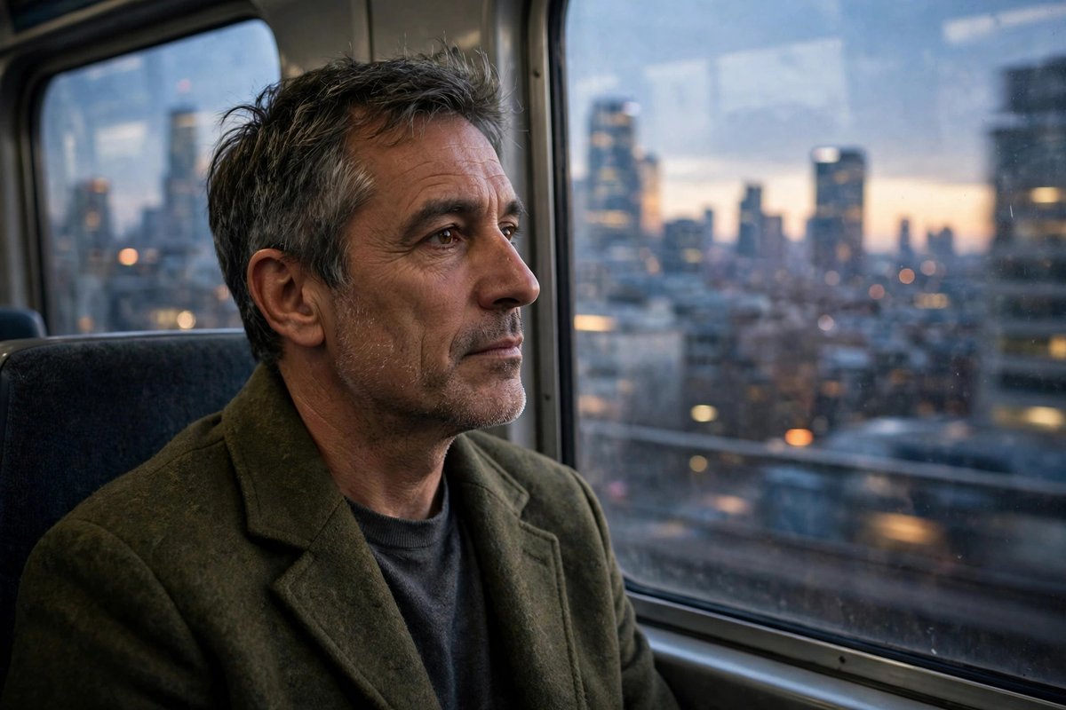Photorealistic photo of a thoughtful man looking out a train window at a city, picturing the mindsets that separate the wealthy from everyone else