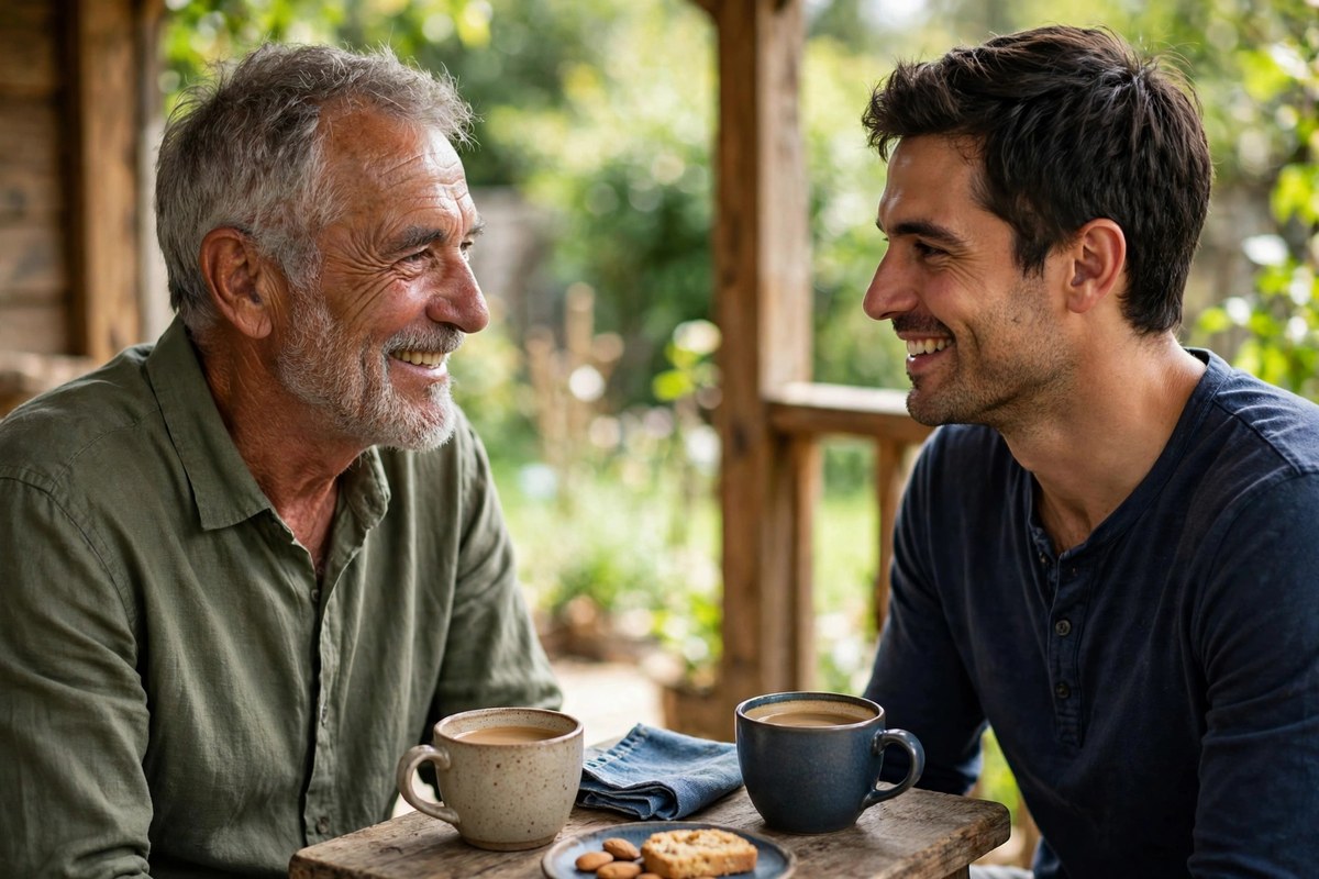 Photorealistic photo of a distinguished older man sharing money lessons wealthy people learn the hard way with a younger man over coffee on a sunny porch