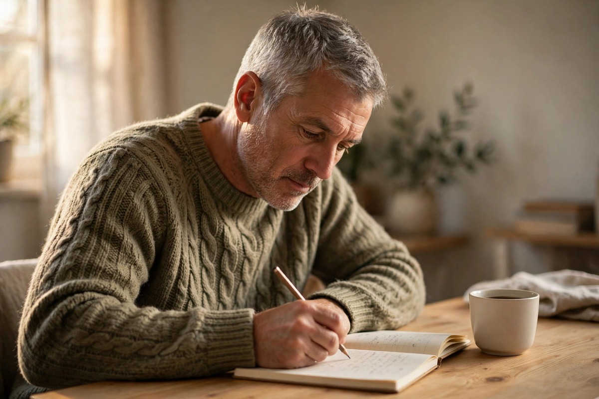 Ultra photorealistic real photograph, natural warm window light, candid and believable, a thoughtful man in his late fifties with short grey hair and light stubble in a warm sweater, sitting at a plain wooden desk at home writing in a paper notebook with a pencil, a simple cup beside him, calm quiet room, no text anywhere in the image, no women, bold clear subject, Google Discover friendly editorial photo