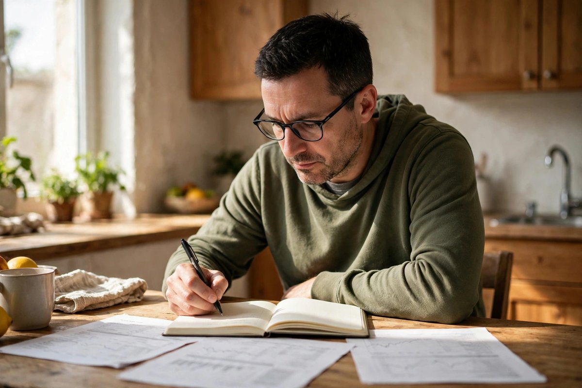 Photorealistic photo of a thoughtful man reviewing household budget papers and a notebook at a bright kitchen table, showing what monthly income puts you in upper middle working class
