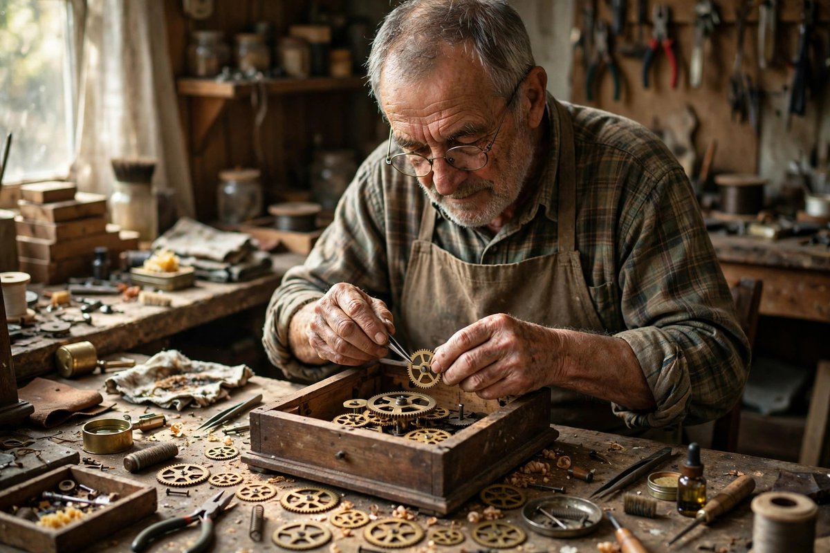 Photorealistic photo of an elderly craftsman repairing an old wooden clock at his workbench, an image for the article on how Charlie Munger says to fix your life with patient repair