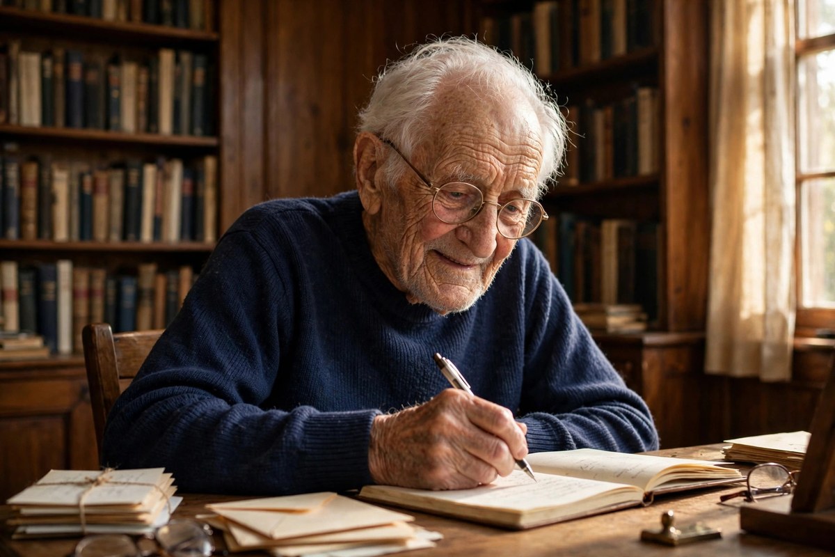 Photorealistic photo of an elderly man with glasses writing notes in a notebook in a wood-paneled study, sharing charlie munger successful life advice