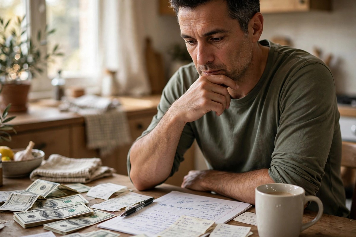 Photorealistic photo of a man thinking over bills and notes at a kitchen table