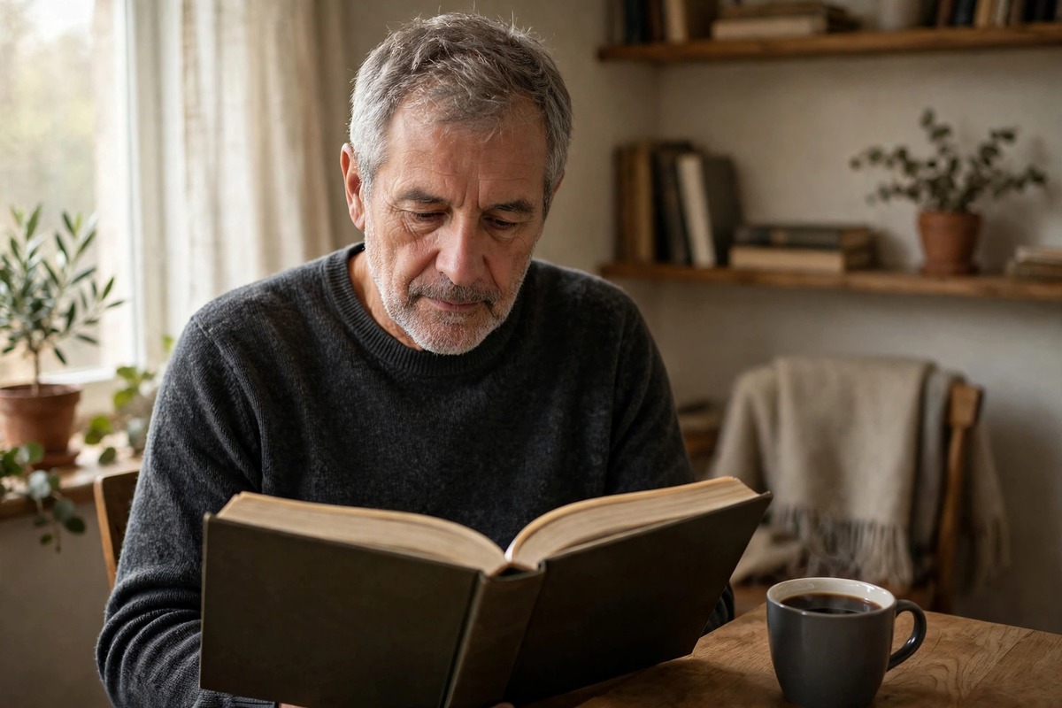Ultra photorealistic real photograph, natural morning light, candid and believable, no text anywhere in the image, no women or girls. A calm middle-aged man in his late fifties with grey hair and a short grey beard, wearing a plain dark sweater, sits in a quiet home study reading a thick hardcover book, a simple wooden desk and a cup of plain black coffee beside him, soft window light, warm modest room, premium editorial quality, bold clear subject, Google Discover friendly.