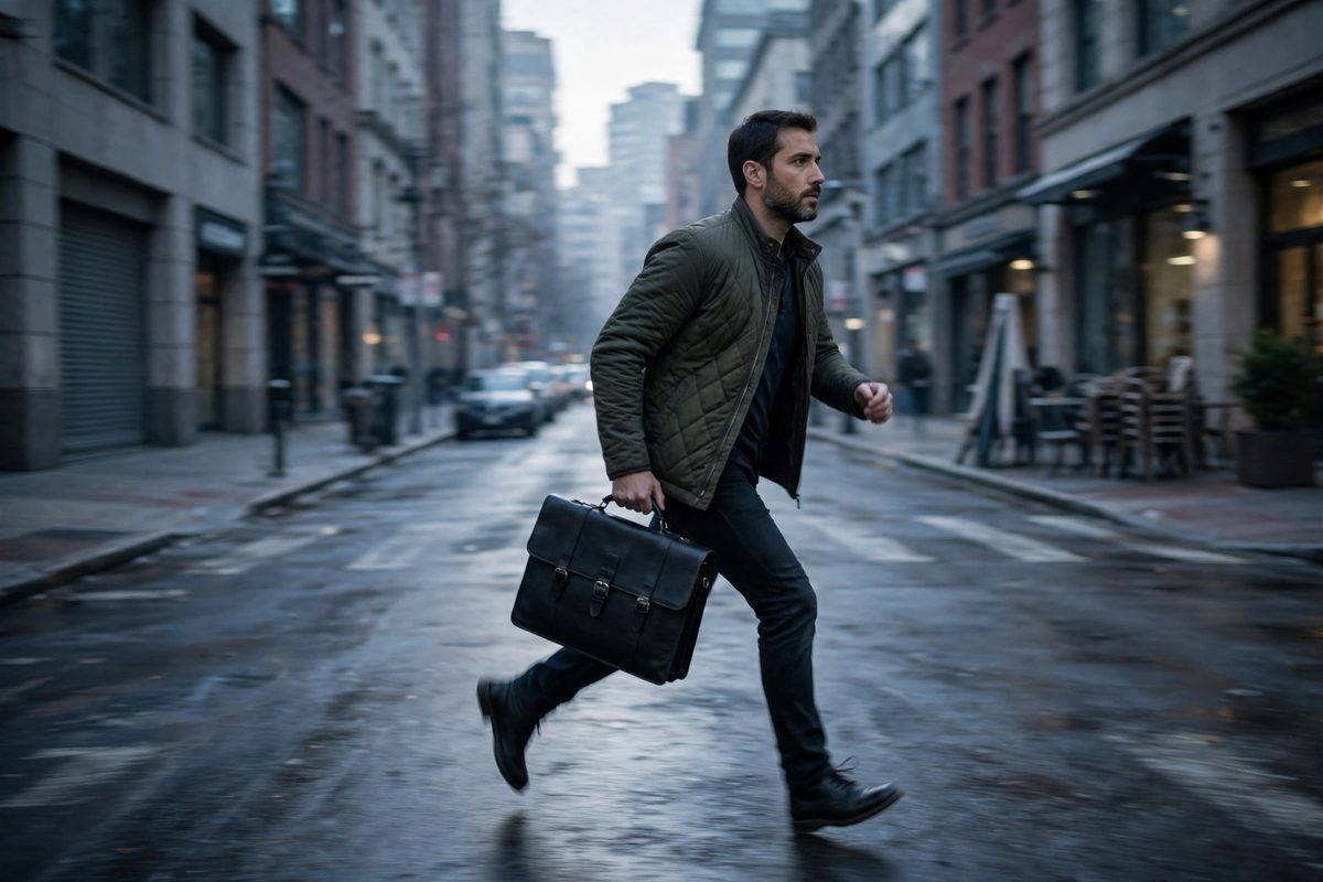 Photorealistic photo of a man in a jacket walking briskly down a city street at dawn with a briefcase, showing the patterns of people who move forward financially