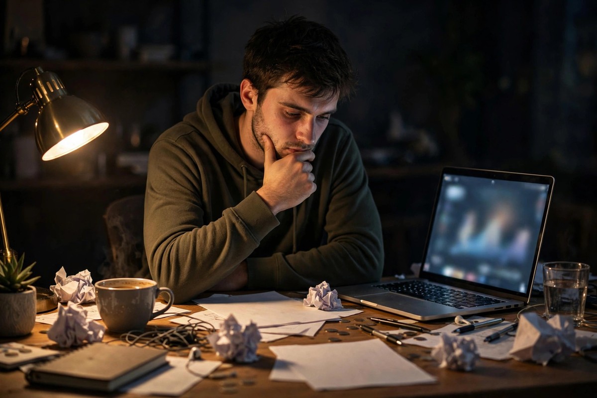 Tired young founder at a messy desk late at night learning from the mistakes first-time founders make
