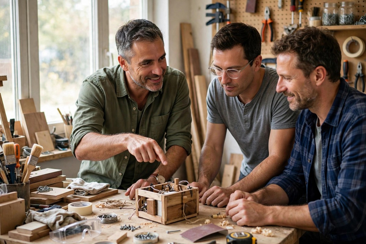 Confident man presenting a simple product prototype to two men in a workshop, showing how to pre-sell before you build
