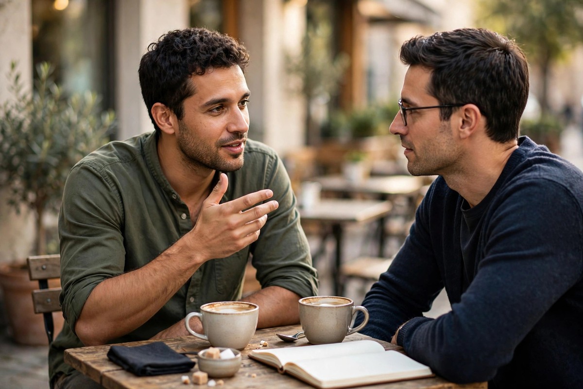 Two men in deep friendly discussion over coffee at a cafe, choosing the right business partner