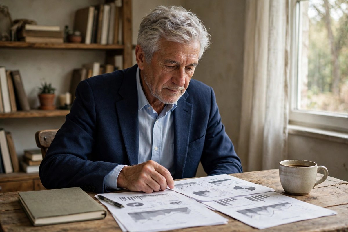 Photorealistic photo of a patient older gentleman studying a company report at a wooden desk, showing rules to invest in the best companies