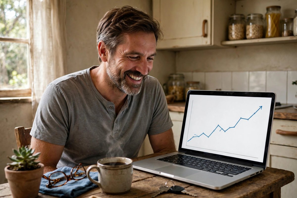 Photorealistic photo of a smiling man in plain clothes checking a growing savings chart on a laptop at a small kitchen table: clear signs building wealth on modest income