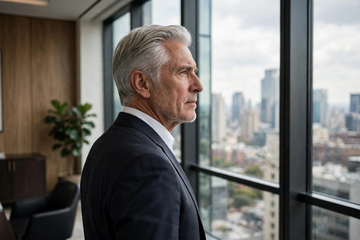 Photorealistic photo of a thoughtful middle-aged businessman looking out a large office window, deciding on the time to sell your business
