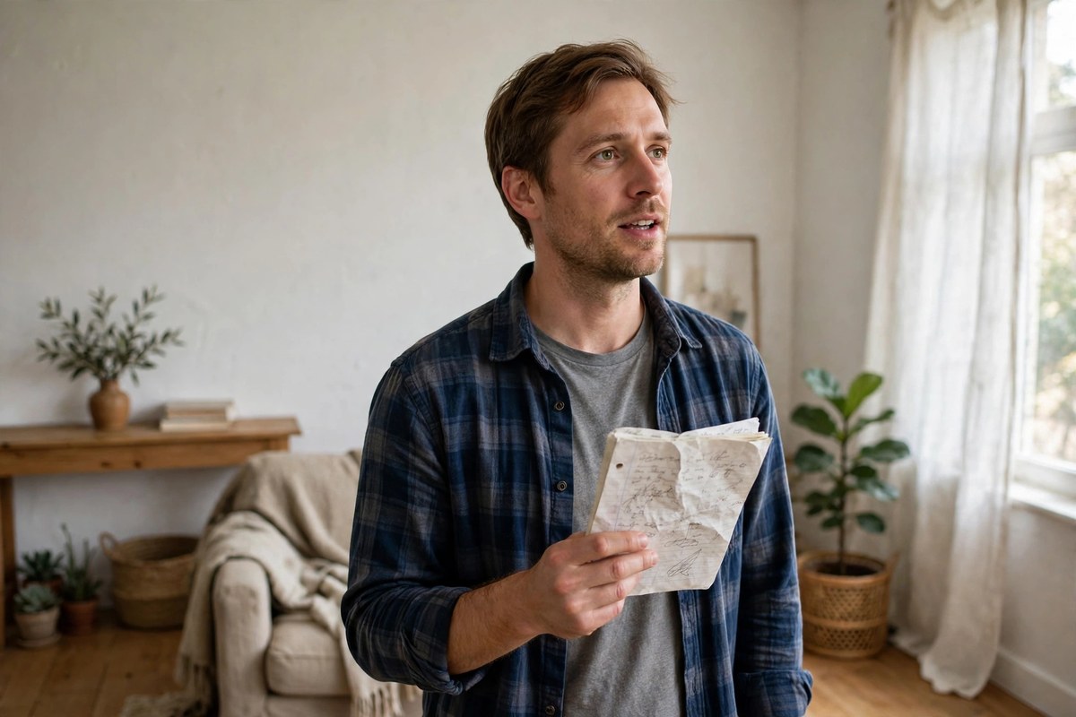 Photorealistic photo of a man in his thirties practicing a speech at home with notes in hand, focused and hopeful, for the article skills to escape the working class