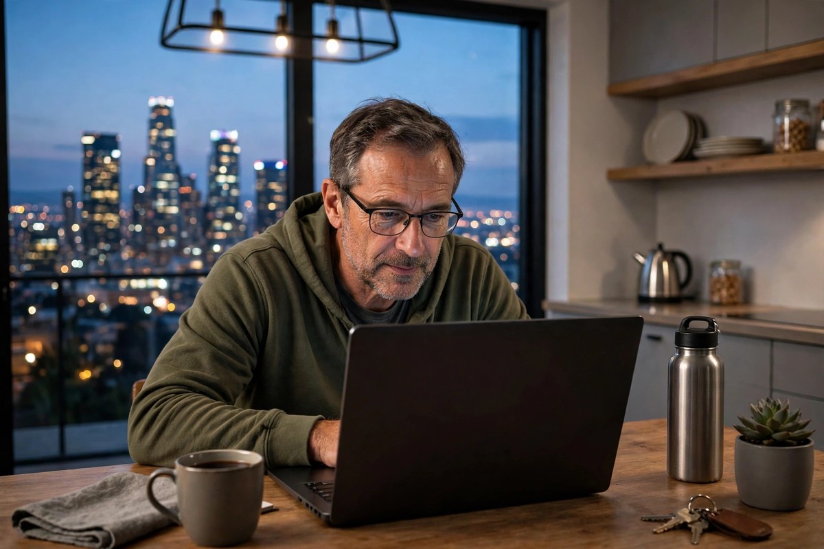 Photorealistic photo of a middle-aged man learning on a laptop at a modern kitchen table, a glowing city skyline at dusk through a large window, showing the skills middle class must learn for the next 10 years.