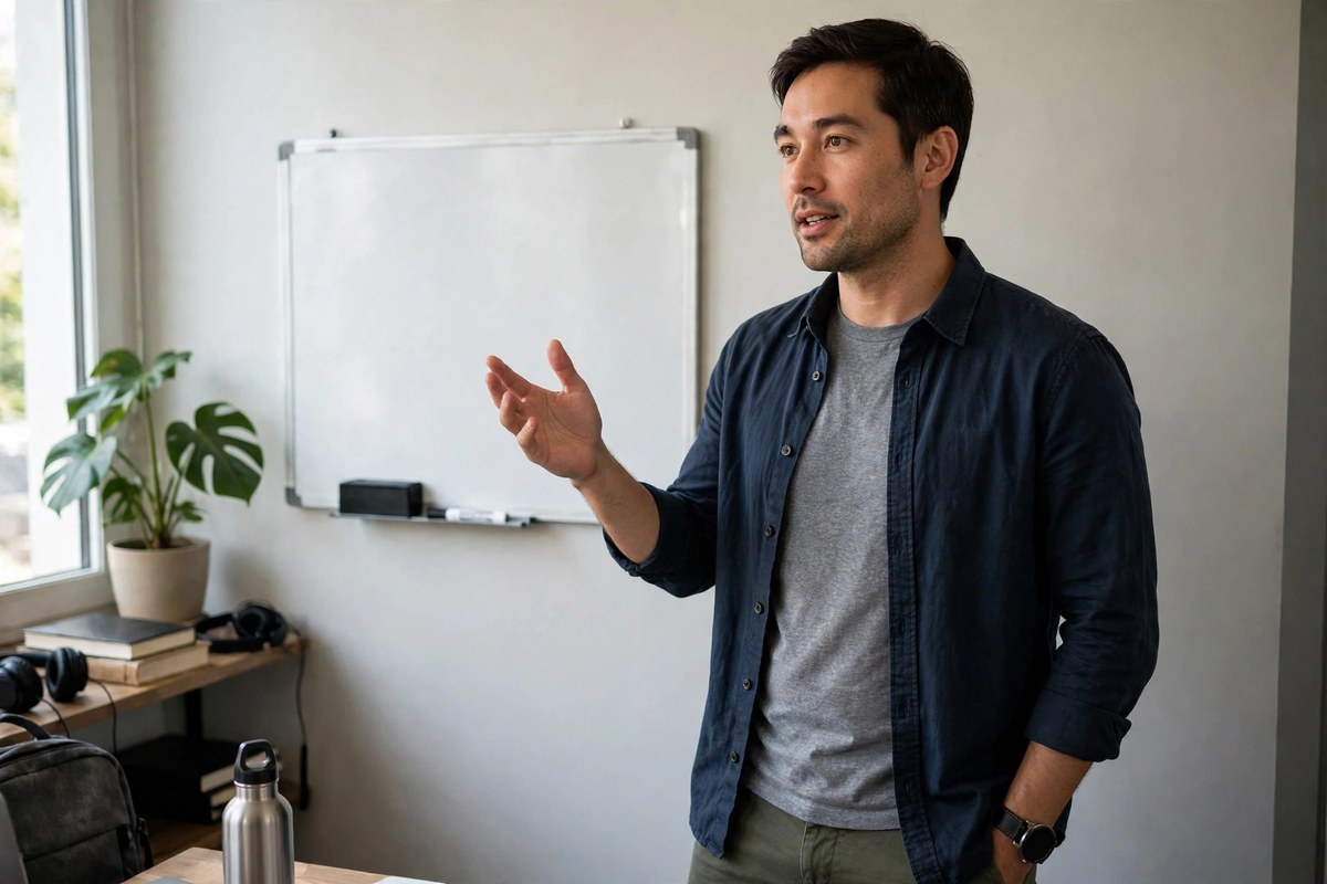 Photorealistic photo of a confident man practicing skills that help the upper class out-earn everyone else in front of a small office whiteboard