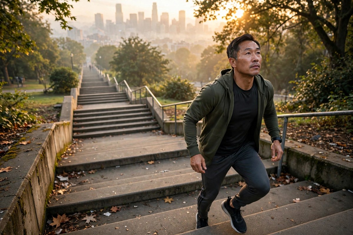 Photorealistic photo of a man climbing bright stone steps toward morning light, seen from behind, hopeful mood, showing steady habits wealth ladder