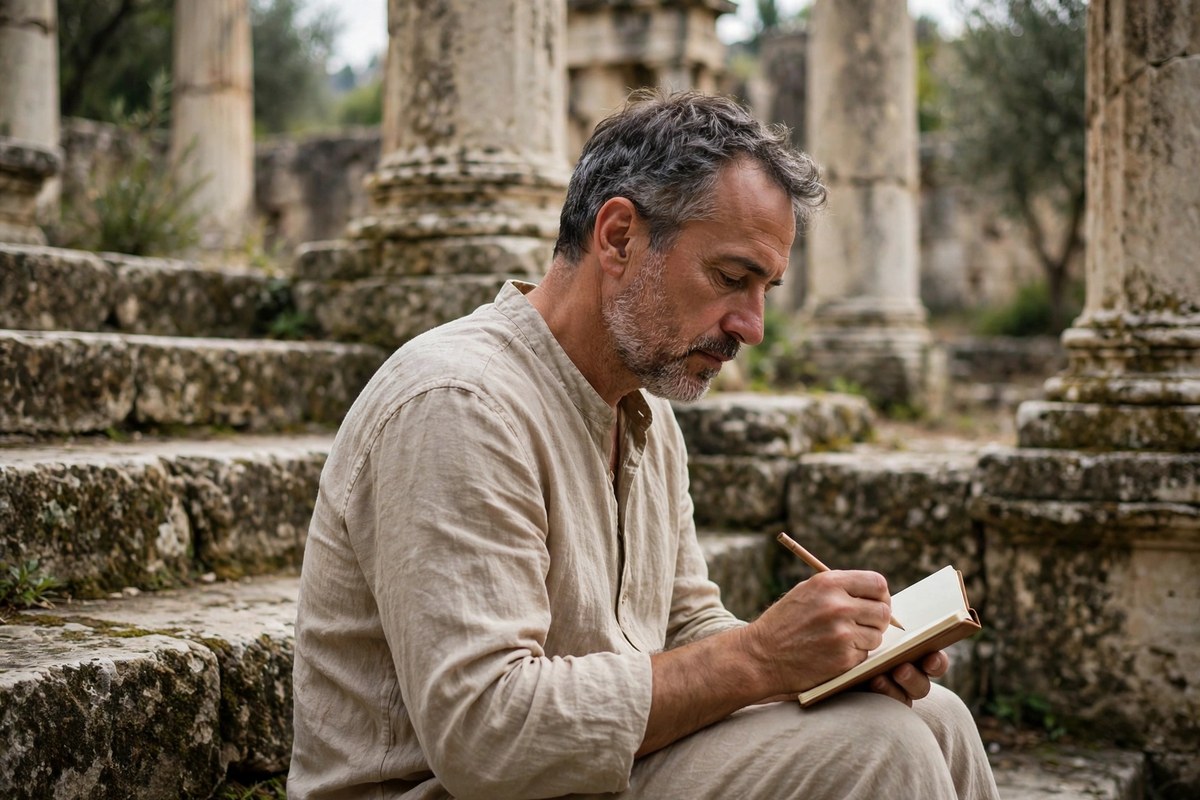 Photorealistic photo of a weathered journal and quill on a stone ledge above ancient Rome at dawn, illustrating stoic habits for happiness