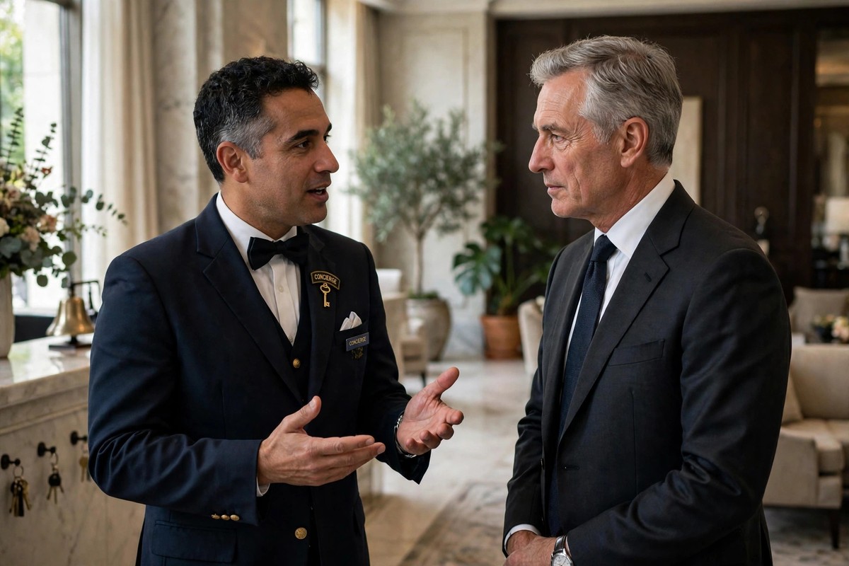Photorealistic photo of an elegant man in a tailored dark suit waiting calmly and listening with full attention in a refined hotel lobby, candid and composed.