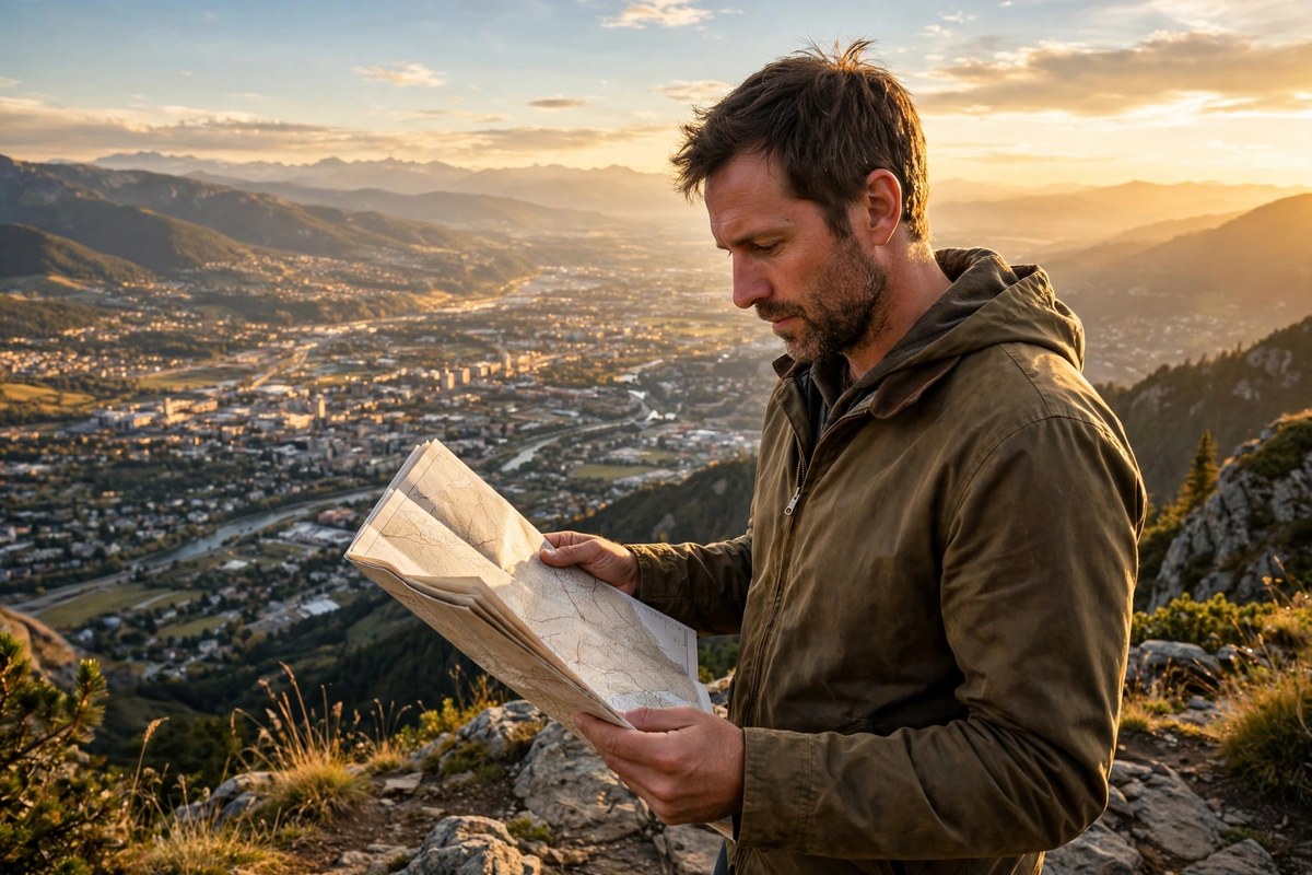 Photorealistic photo of a man in a casual jacket at a scenic mountain overlook holding an open paper map, looking toward a city valley at golden hour, picturing the success map working class to upper class route ahead