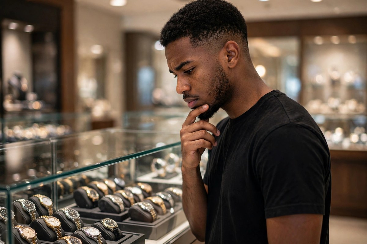 Photorealistic photo of a thoughtful young man looking at a luxury shop window and walking past, about things people buy to look rich
